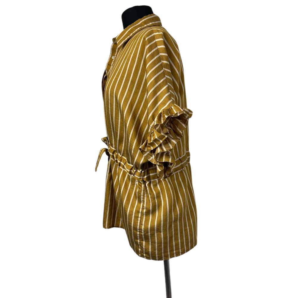 ZARA Gold Stripe Tie Front Blouse Size S Ruffle Sleeve Button Up Top - Picture 5 of 11